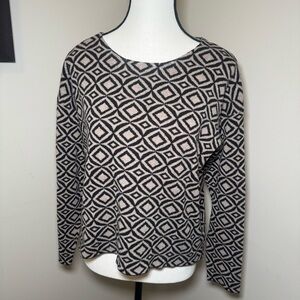 H By Halston Geometric Knit Sweater Top Black Beige Long Sleeve M